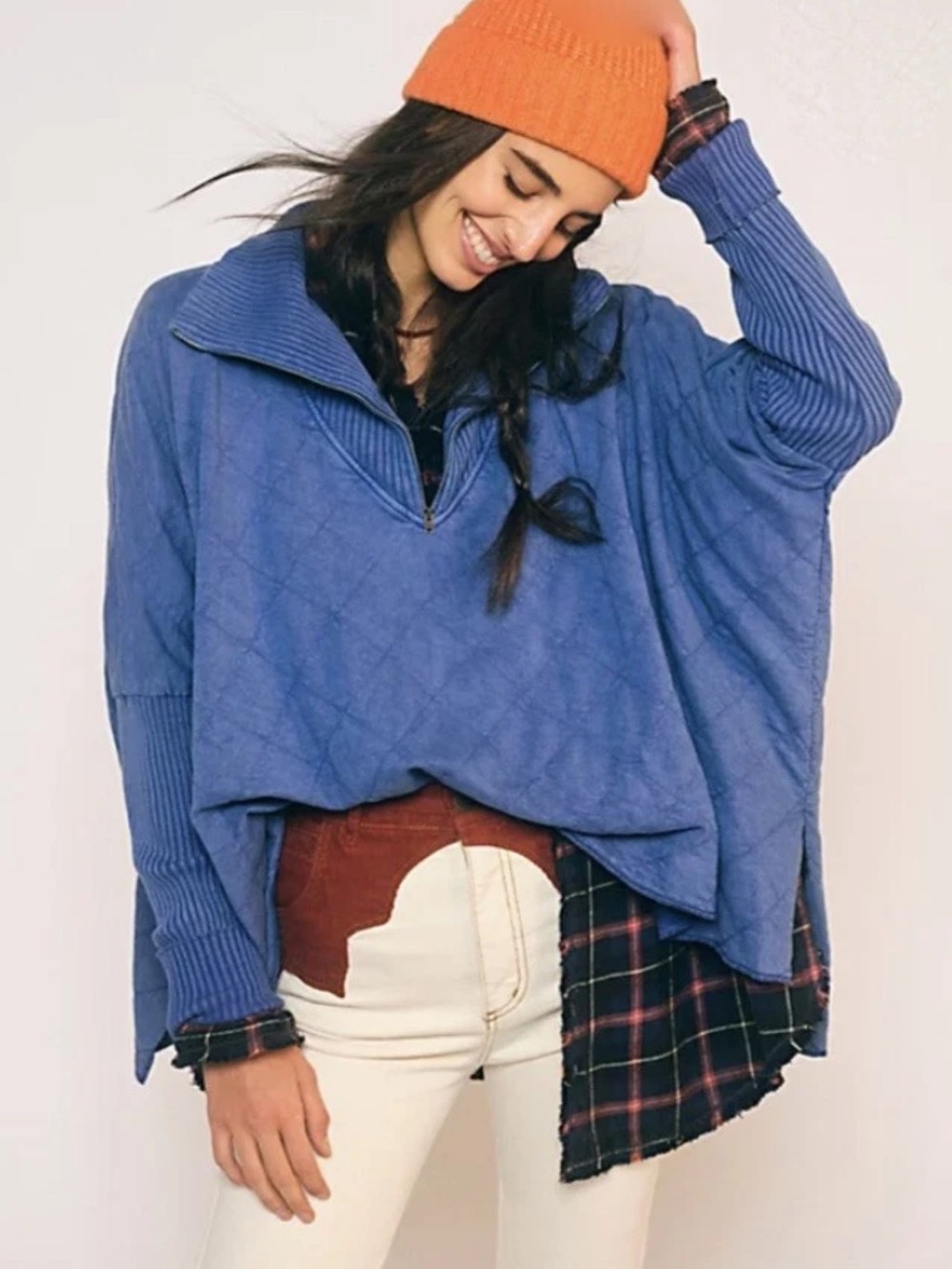 Free People Shiloh Quilted Sweatshirt Pullover Zip Swing Hi Lo Blue